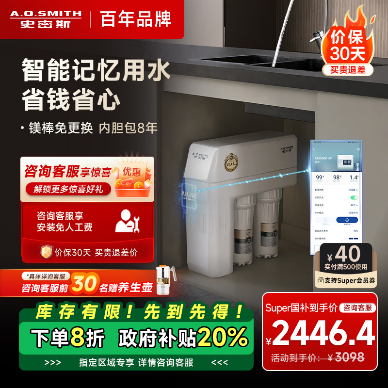 史密斯净水器家用整机保5年 3:1高水效专利MAX3.0反渗透滤芯1.6升/分钟厨下式直饮净水机R1600HWi-E