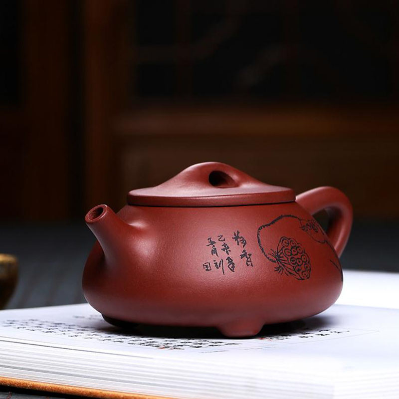 美帮汇石瓢壶紫砂壶荷香球孔手工刻茶具茶壶家用泡茶壶紫泥高清大图