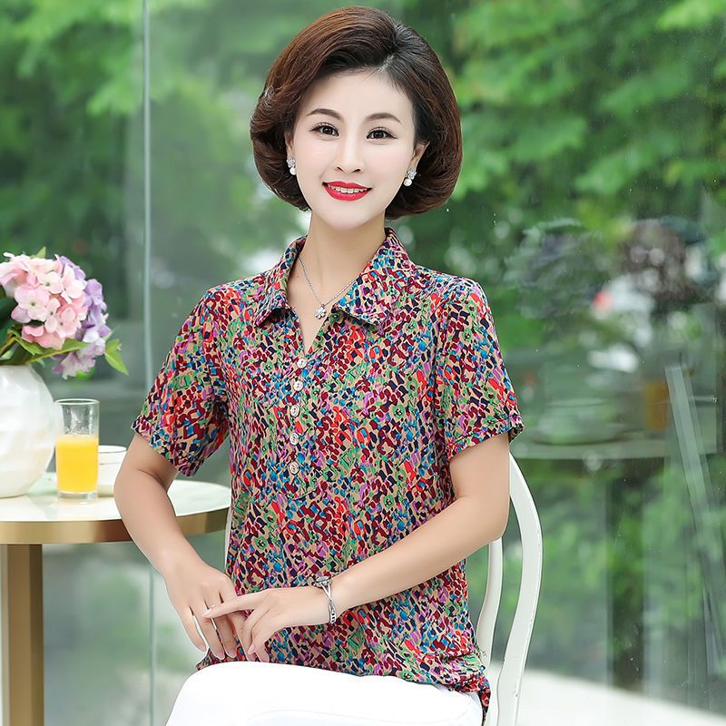 妈妈装夏装短袖t恤女2021中老年人女装新款翻领衬衫大码宽松上衣臻依