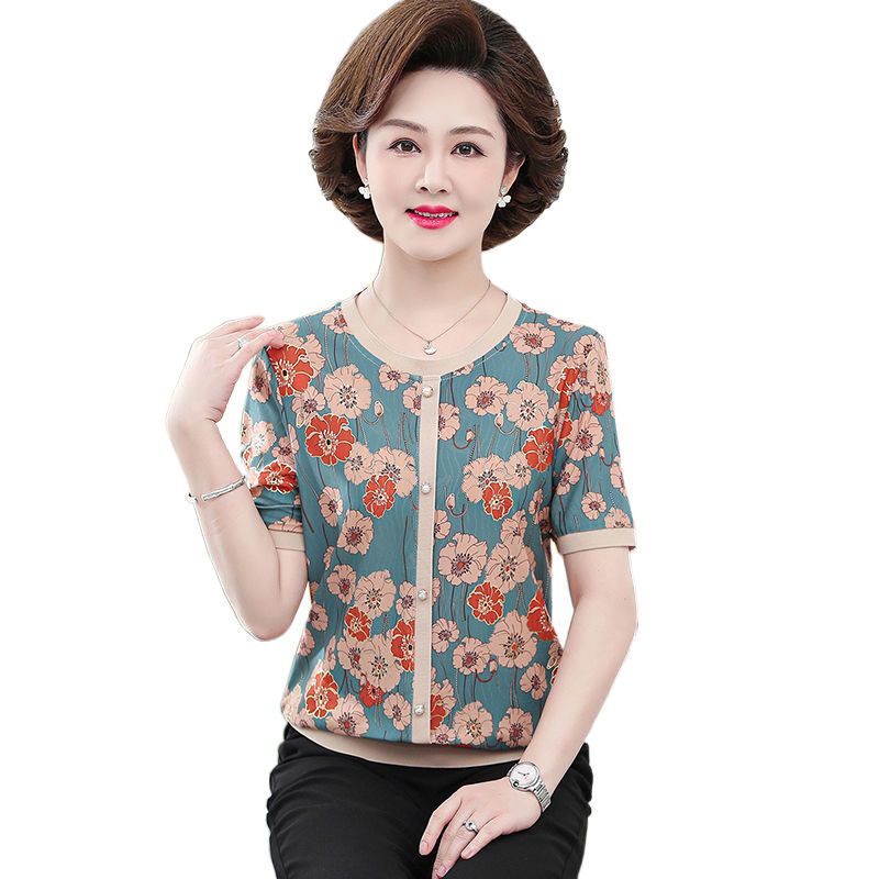 美帛夏装短袖冰丝t恤新款中老年女针织小衫中老年圆领上衣