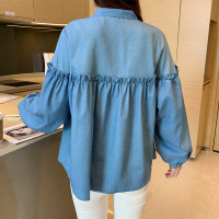 唐狮秋季衬衫女荷叶边分割长袖衬衣气质淑女纯色上衣百搭