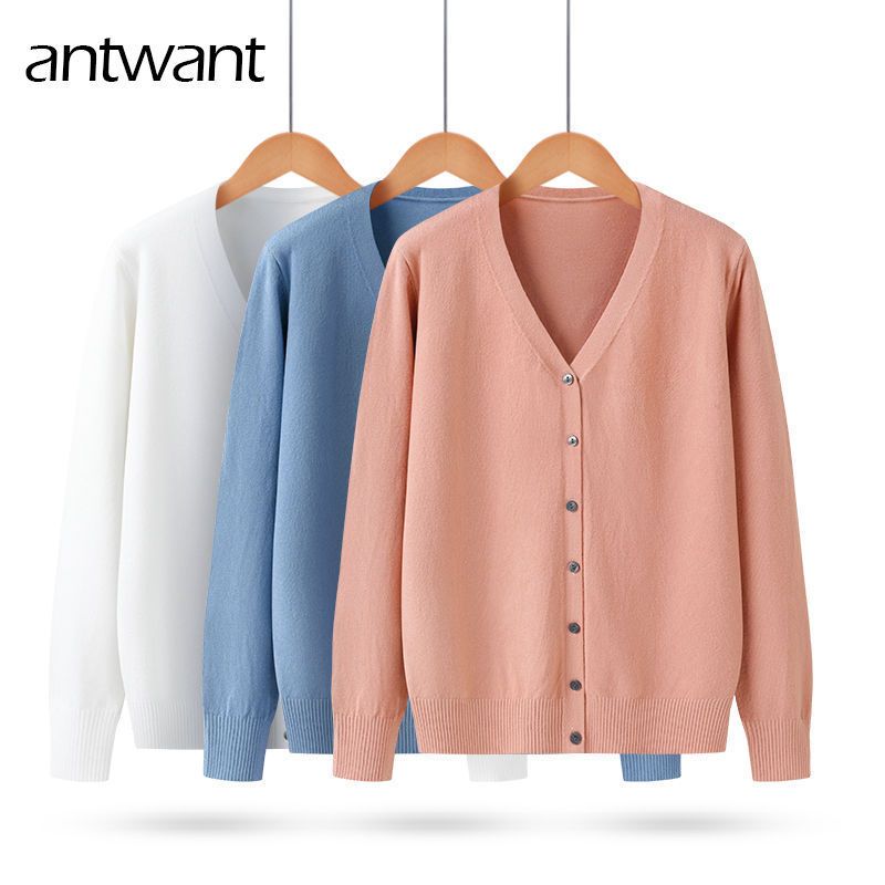 antwant针织开衫女薄款v领毛线衫春装新款上衣宽松纯色长袖外套