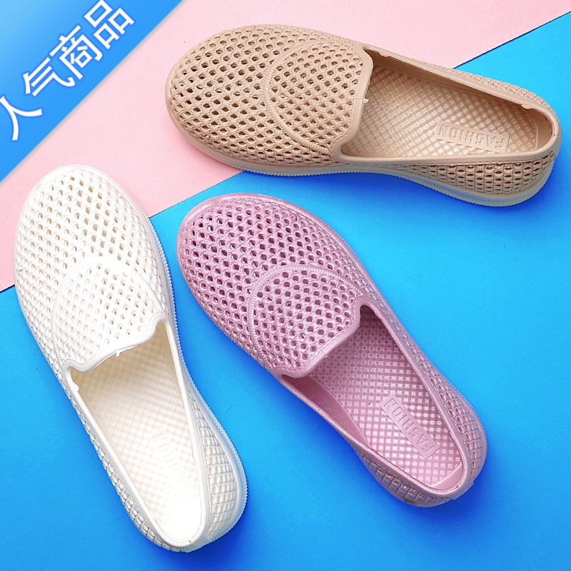 SUNTEK夏季中老年塑料凉鞋女镂空洞洞宽头平底防滑涉水包头中口老年凉鞋高清大图