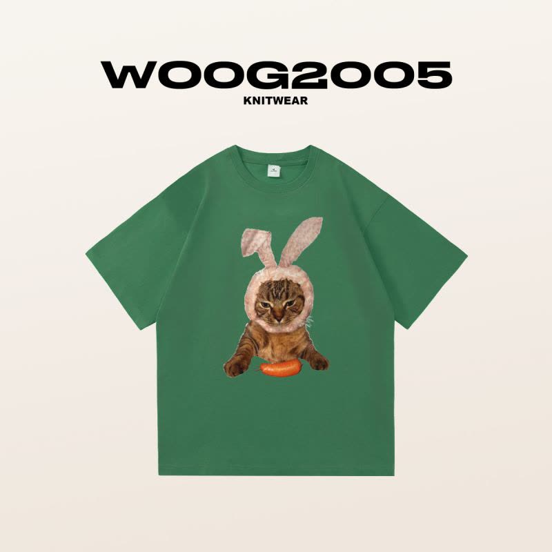 WOOG2005猫咪兔子趣味印花2022男士印花T恤ins潮男女同款圆领短袖图片