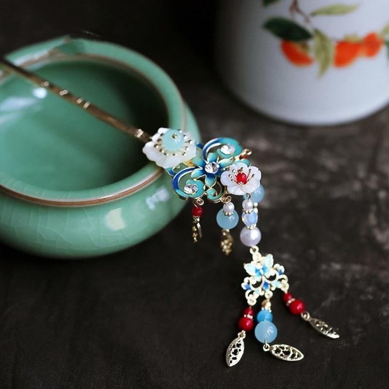 唯美古风头饰景泰蓝凤凰发簪发钗流苏发饰汉服气质古装配儿童饰品h30