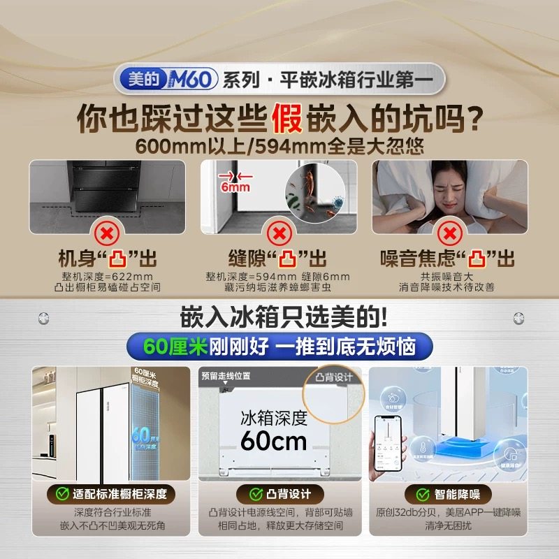 美的双开门纯平全嵌613L一级能效对开超薄零嵌入式白色家用电冰箱高清大图