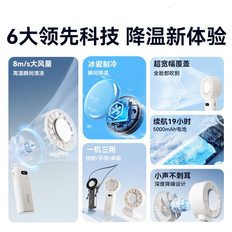 向物高速手持小风扇迷你小型电风扇制冷大风力挂脖手拿小电扇[续航版-月光白]15h续航/100档大风高清大图