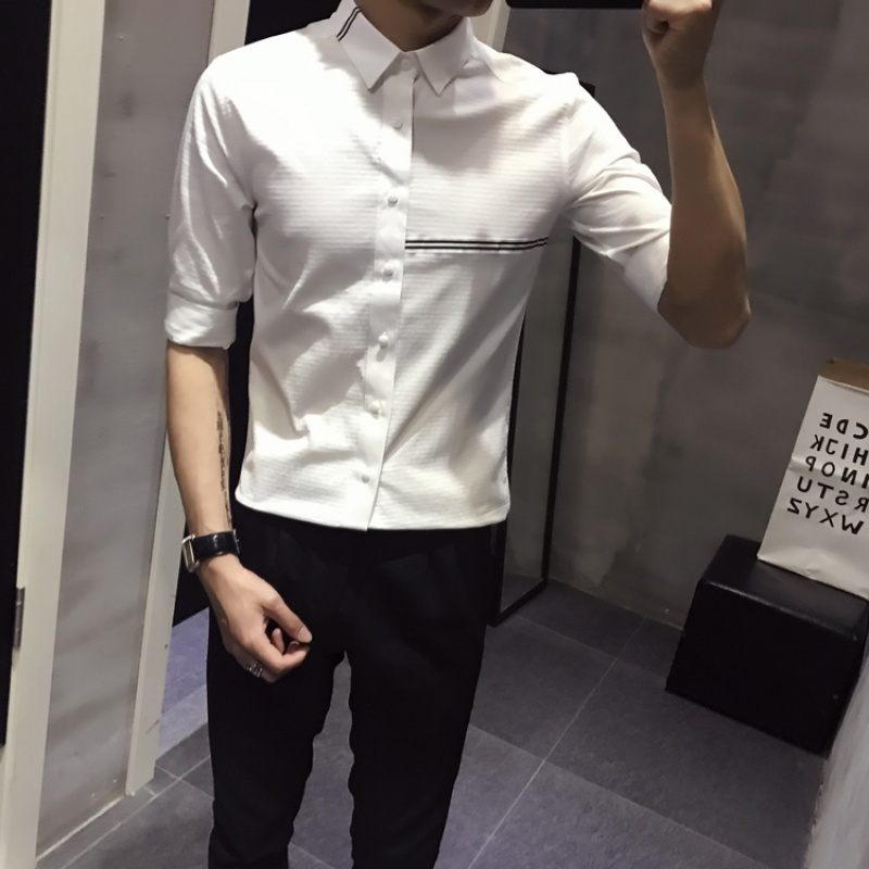 亚麻衬衫中袖五分袖夏款棉服韩版时尚男士衬衣2018新款短袖男