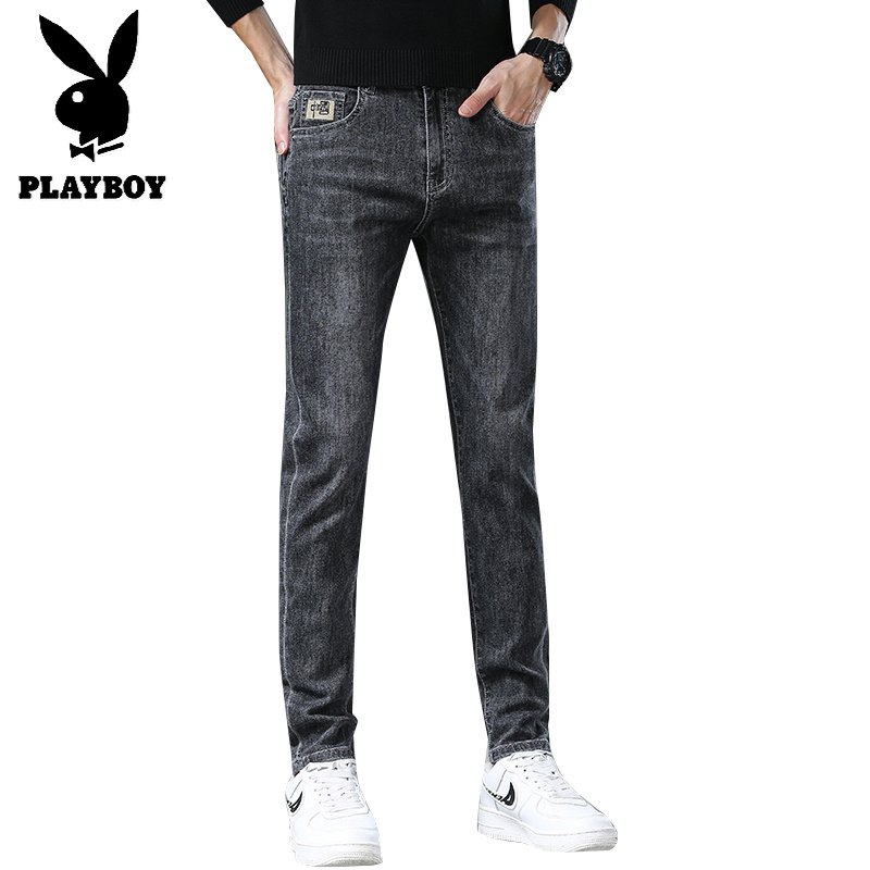 花花公子新款高品质2025秋冬新款牛仔裤男刺绣高端修身弹力潮牌男士长裤子加绒高清大图