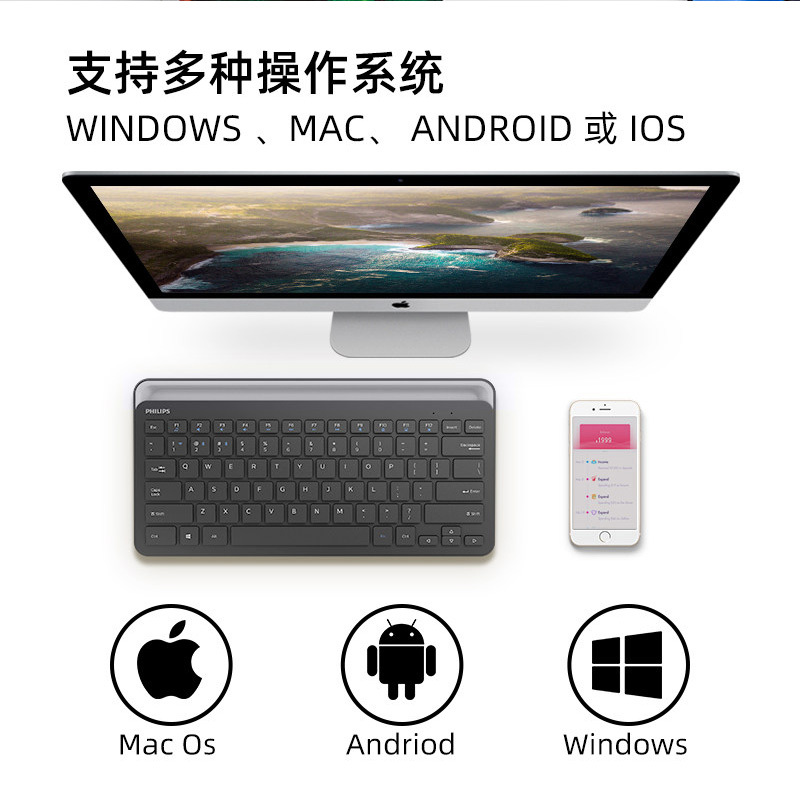 飞利浦(PHILIPS) SPK6614无线蓝牙静音键盘平板笔记本台式电脑手机连接多媒体按键 6604卡槽蓝牙键盘银黑色