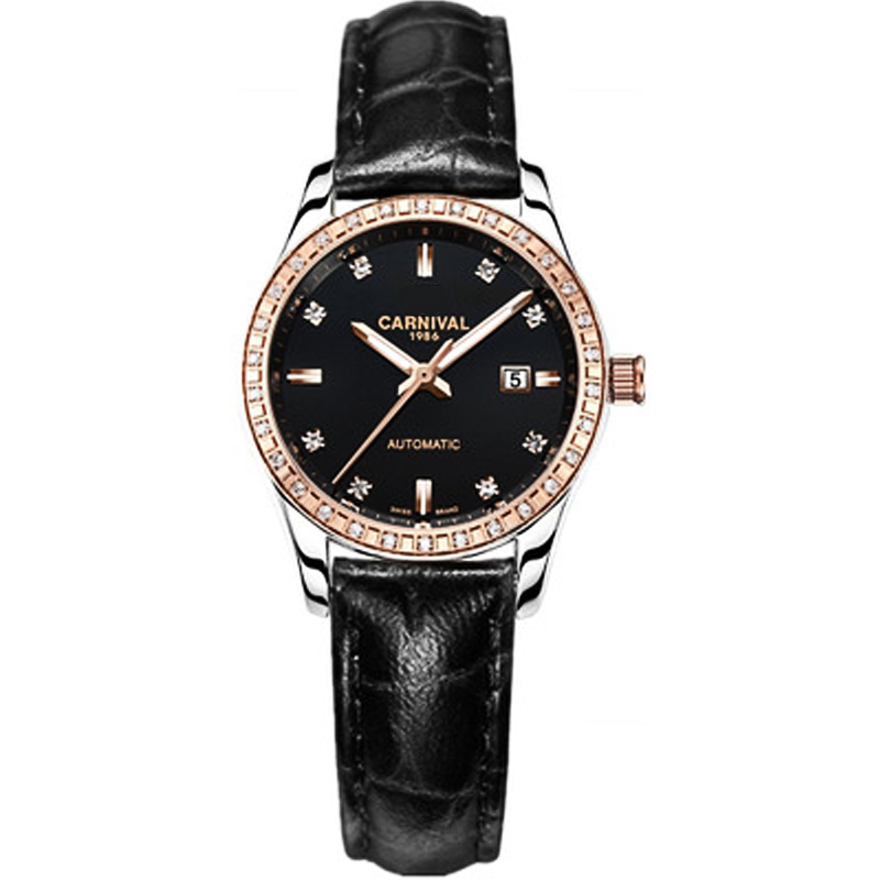 瑞士嘉年华Carnival手表新款全自动机械表 女表时尚钢带潮流夜光防水女士镂空水钻名表时装腕表魅力玫金8685 玫金黑面黑色皮带