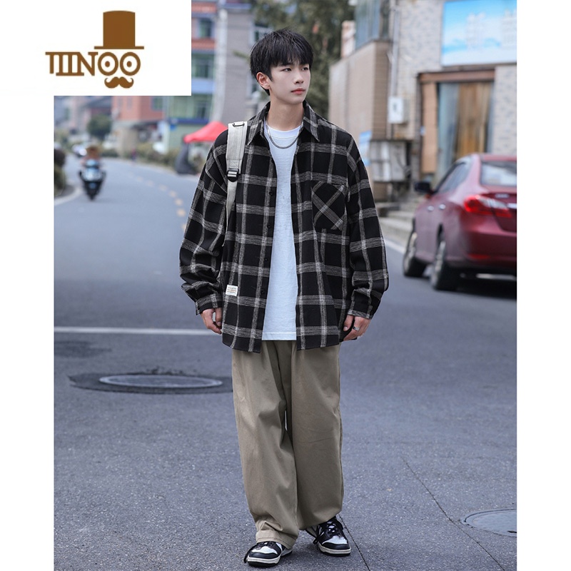 YANXU格子衬衫男长袖日系复古痞帅百搭潮流宽松学生休闲衬衣外流高清大图