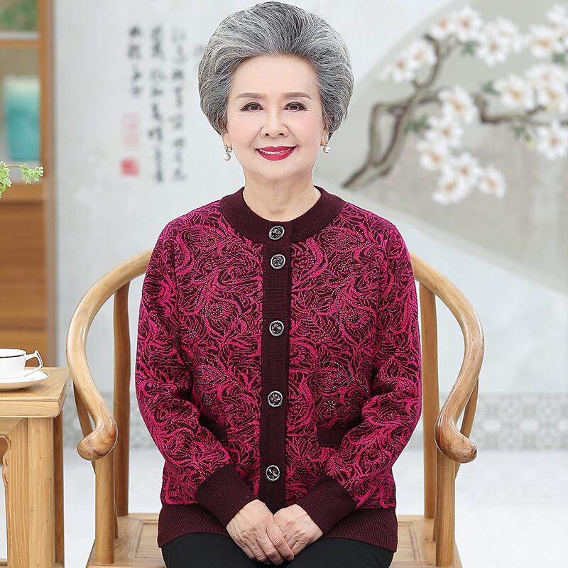 迪鲁奥（DILUAO)奶奶装秋装毛衣外套中老年女装春秋季开衫针织衫宽松妈妈装外套老年人口袋 115建议100-120斤 玫红色