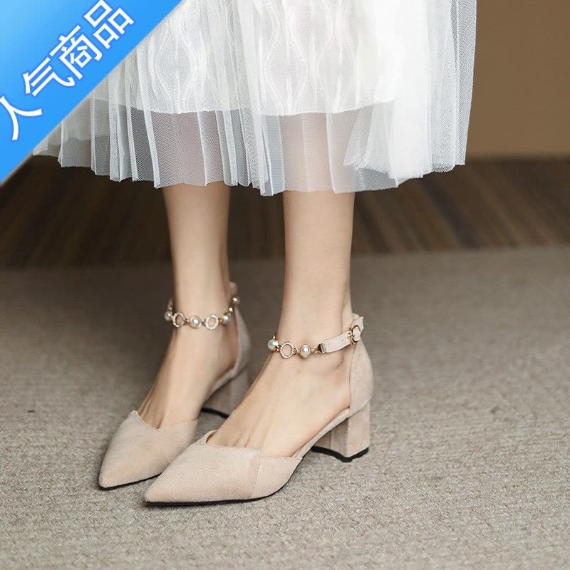 SUNTEK粗跟小码313233中跟包头凉鞋女夏季一字带黑色高跟鞋女珍珠单鞋图片