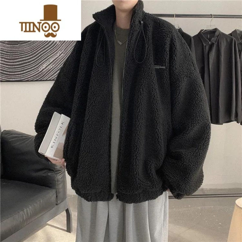 YANXU冬季羔毛绒棉衣外套男港风潮流宽松学生情侣装棉袄加绒加厚棉服 M LS刺绣羊羔绒黑色