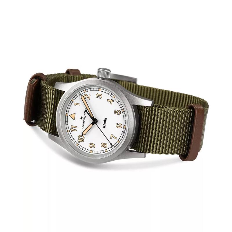 汉米尔顿(Hamilton)女士石英表简约防水白盘绿织带复古军事风格腕表高清大图