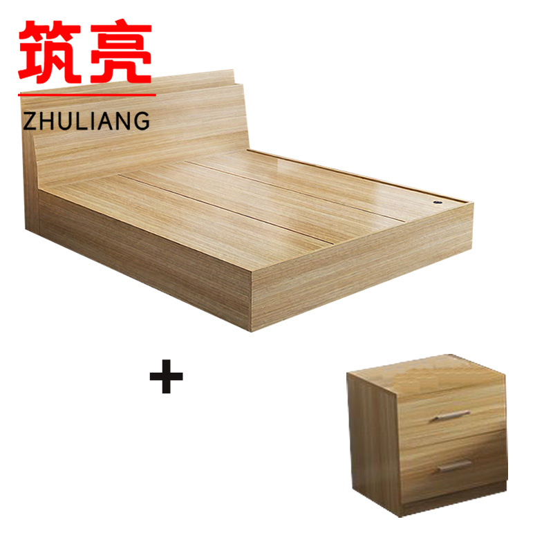 筑亮 家用床 150*200*88cm原木色+床头柜 套高清大图