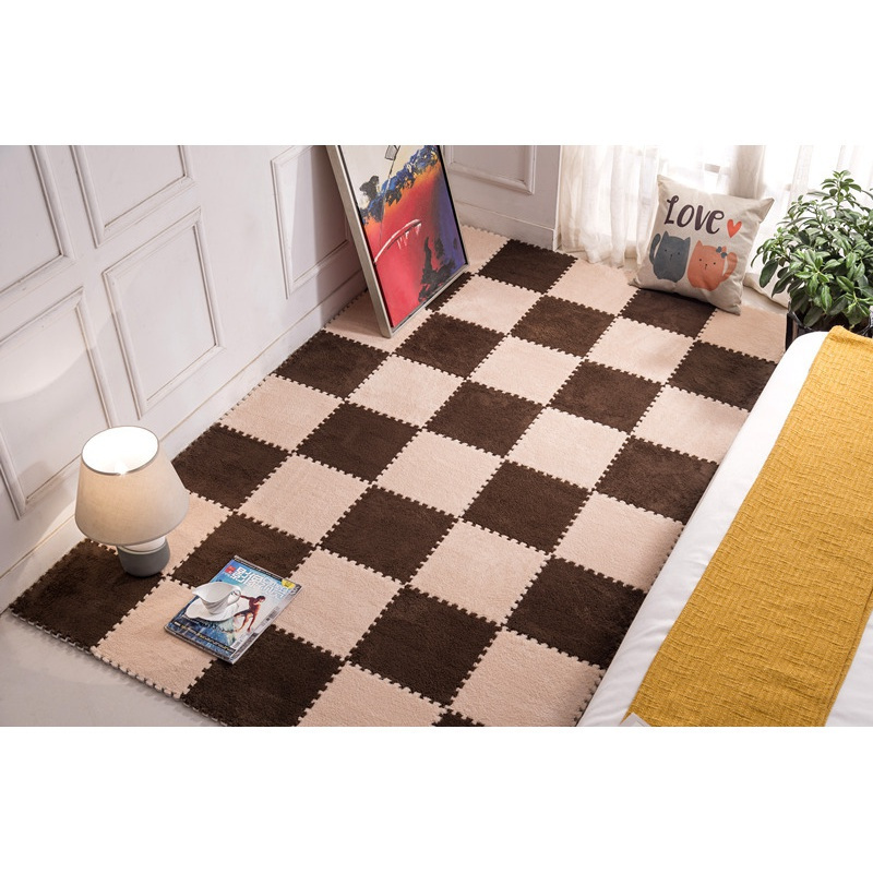 家柏饰(CORATED)卧室地毯满铺拼接绒面拼图泡沫地垫方块加厚爬行垫宿舍家用可机洗 深咖+浅咖共10片送围边 60*60cm加厚底高档长绒