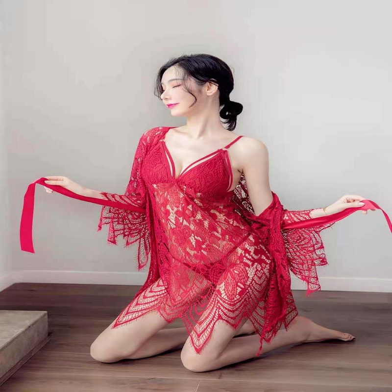 长夜漫漫女式情趣睡衣套装女士情趣内衣夫妻双人内裤情侣三点式比基尼吊带仙女裙连体衣破洞渔网丝袜性感开档露乳透明免脱成人用品 红色外套+吊带裙 均码