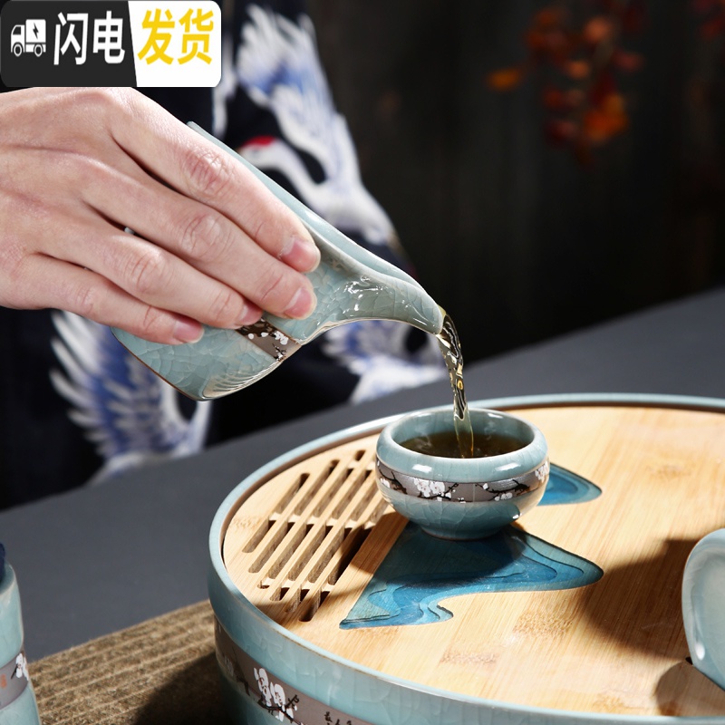 三维工匠茶具套装家用陶瓷电陶炉煮茶器整套功夫小茶盘懒人自动泡茶台 哥窑如意自动11头(配六君子)+小号干泡盘 10件高清大图