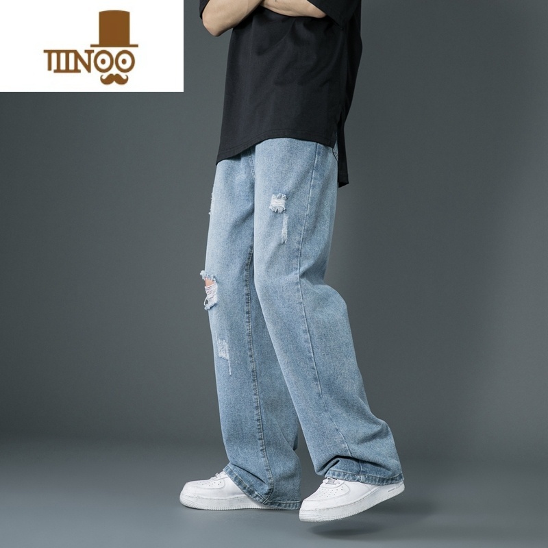 YANXU夏季新款破洞牛仔裤男士复古水洗宽松冰氧阔腿裤直筒高街ins潮i高清大图