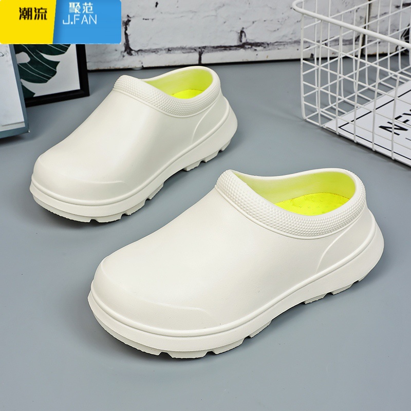 聚范厨师鞋男春季防滑防水防油厨房男鞋黑色厚底男士懒人一脚蹬工作鞋高清大图