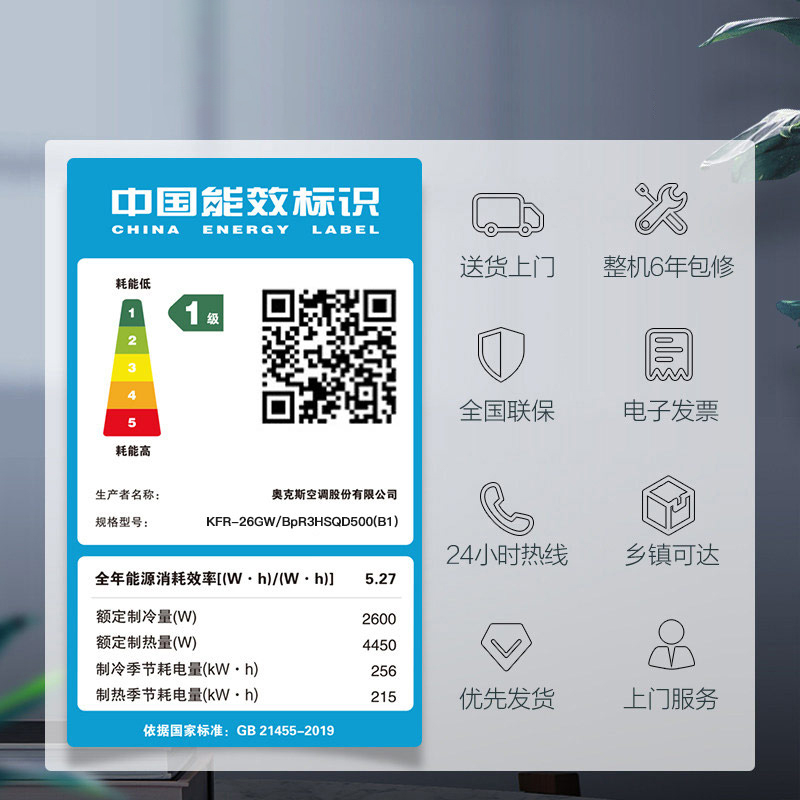 华蒜空调 奥克斯出品 大1匹空调挂机 新一级能效 变频冷暖 节能省电 家用卧室租房壁挂式空调高清大图