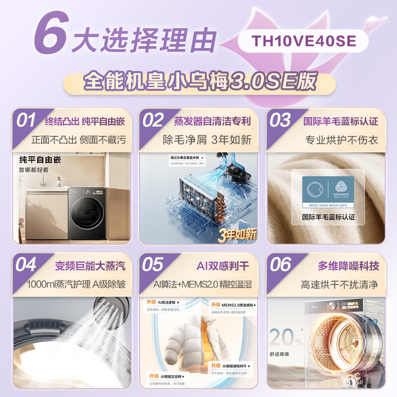 小天鹅(LittleSwan)10公斤热泵烘干机家用全自动[小乌梅3.0SE]回南天纯平自由嵌TH10VE40SE高清大图
