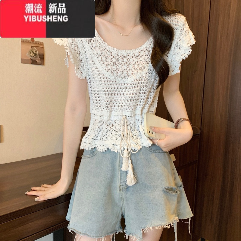 YIBUSHENG波西米亚民族风钩花镂空冰丝针织短袖t恤女季防晒罩衫甜辣上衣