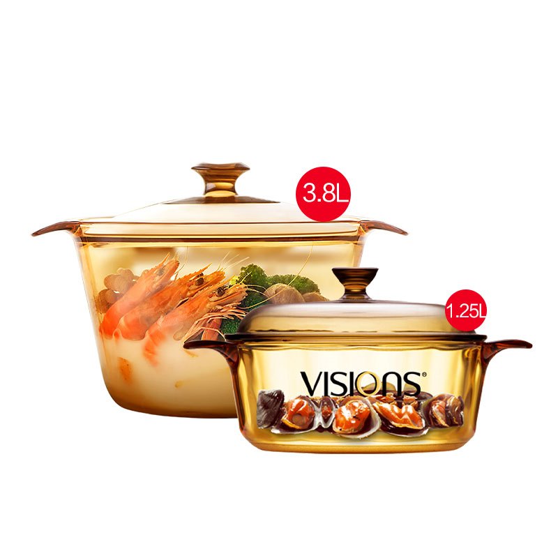 康宁(VISIONS)1.25L晶彩玻璃锅+3.8L养身锅 厨具套装 汤锅 炖锅 透明锅厨具套装透明耐热玻璃锅 家用