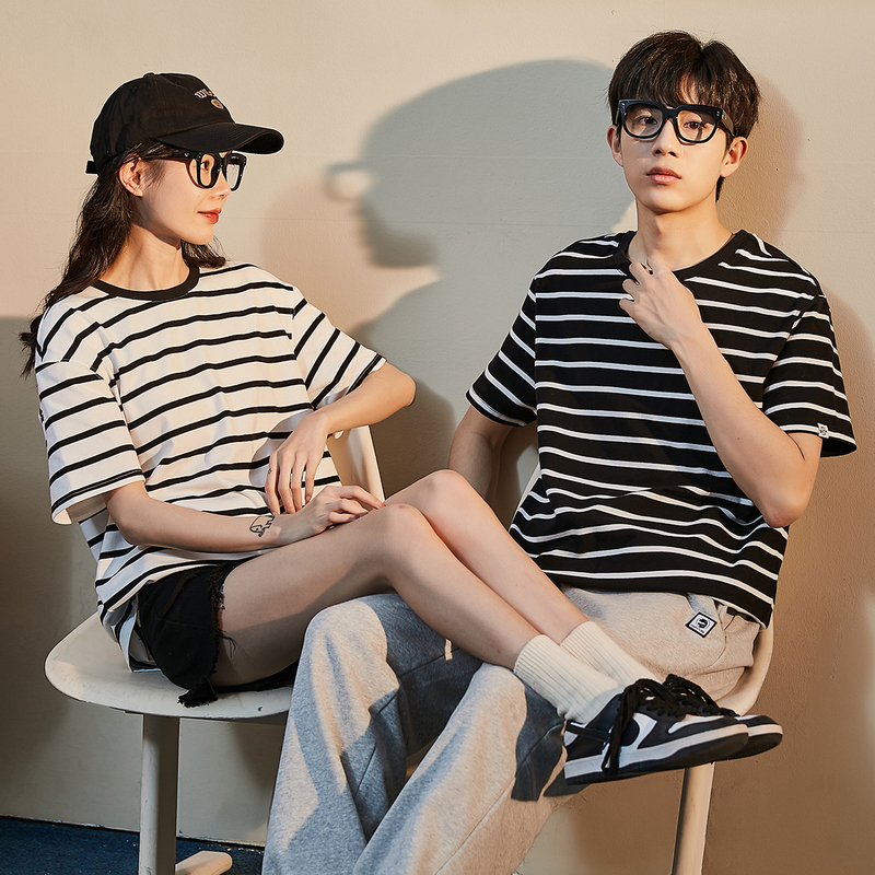 [2.5折价59元]唐狮夏季新款情侣短袖T恤男条纹宽松纯棉半袖衣服女学生潮流