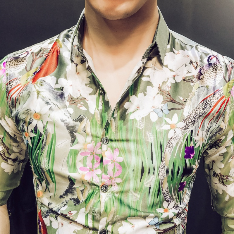 2018夏装男士夜店风数码印花七分袖衬衫帅气定位印花修身中袖寸衣