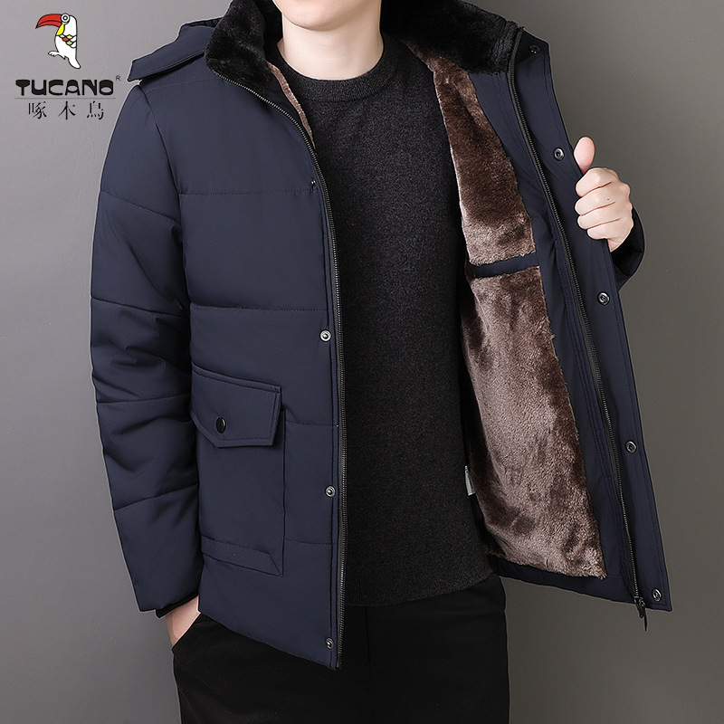 啄木鸟中老年商务夹克衫男士秋冬加绒加厚爸爸保暖连帽大码外套男高清大图