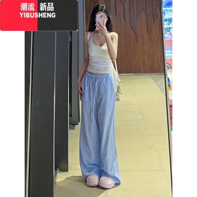 YIBUSHENG蓝色竖条纹休闲裤女季薄款垂感遛弯裤直筒裤子宽松阔腿拖地长裤高清大图
