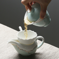 苏氏陶瓷(SUSHI CERAMICS) 茶具套装 忆荷陶瓷功夫茶具手绘描金茶杯子茶壶花瓶带礼盒装(三才盖碗)