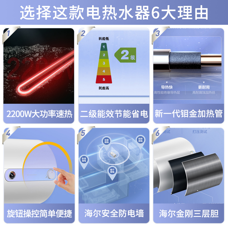 统帅(Leader)海尔出品电热水器80升家用2200W速热二级能效旋钮操作安全防电墙节能省电金刚三层胆LK7
