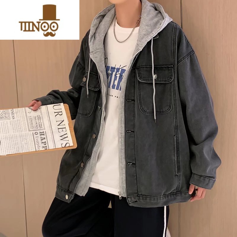 YANXU痞帅牛仔夹克男秋季潮牌ins连帽宽松百搭外套潮流韩版假上男高清大图
