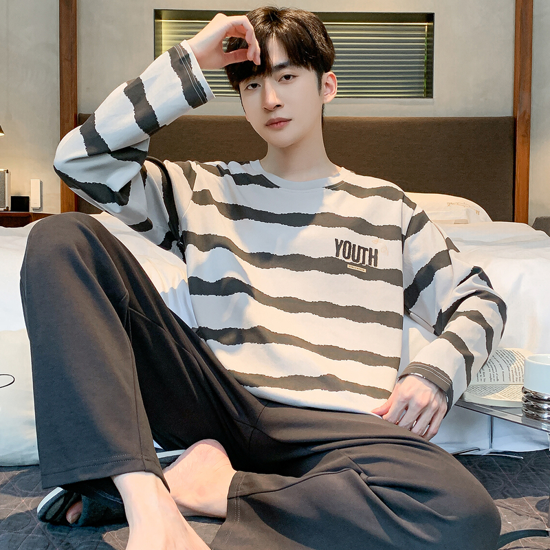 100%纯棉睡衣男士春秋款长袖休闲秋冬青少年大码可外穿家居服套春高清大图