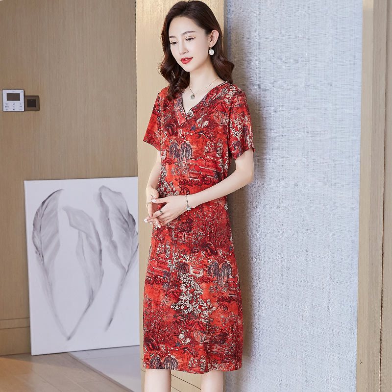 香云纱真丝连衣裙女新款气质妈妈大牌中年高端大码夏装桑蚕丝裙子