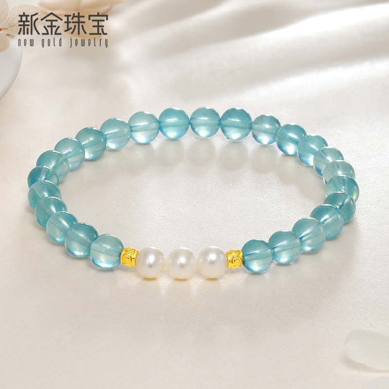 新金珠宝 黄金桶珠珍珠海蓝宝手串女 国潮文玩手链云水谣珠串饰品1042