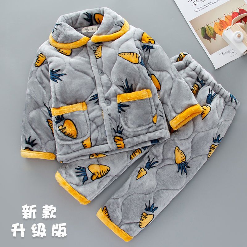 秋冬季儿童睡衣三层加厚夹棉法兰绒珊瑚绒小孩宝宝男童家居服套装衫伊格