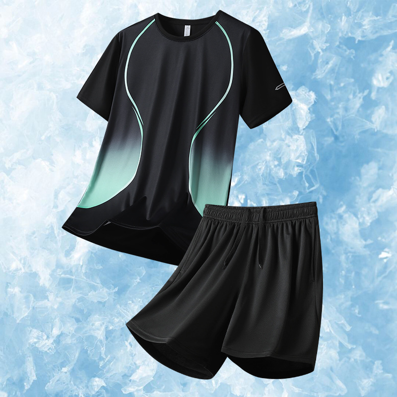 啄木鸟新款夏季丝冰运动套装男户外跑步服速干透气短袖休闲两件套高清大图