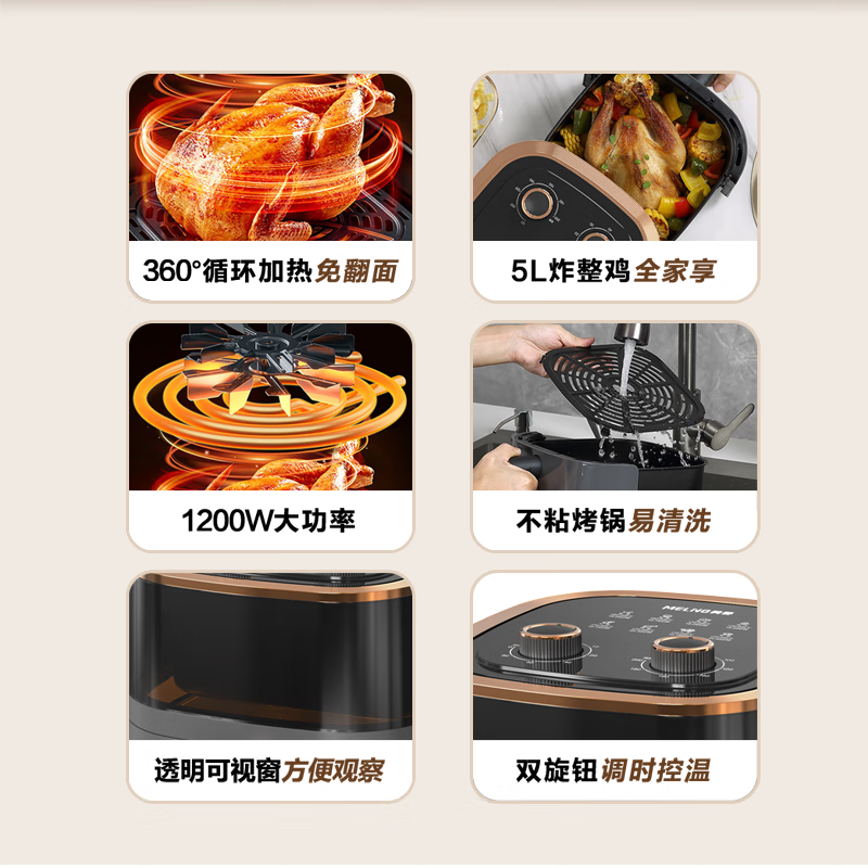 美菱 MZG-4501 空气炸锅 不用翻面 家用5l大容量多功能 透明大视窗 360度循环加热 双旋钮调时控温 黑色高清大图