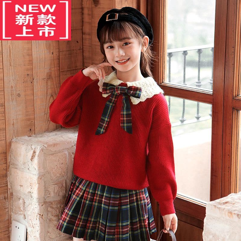 可莉允女童JK套装毛衣秋装大童洋气学院风裙子红色针织秋冬学生儿童童装图片
