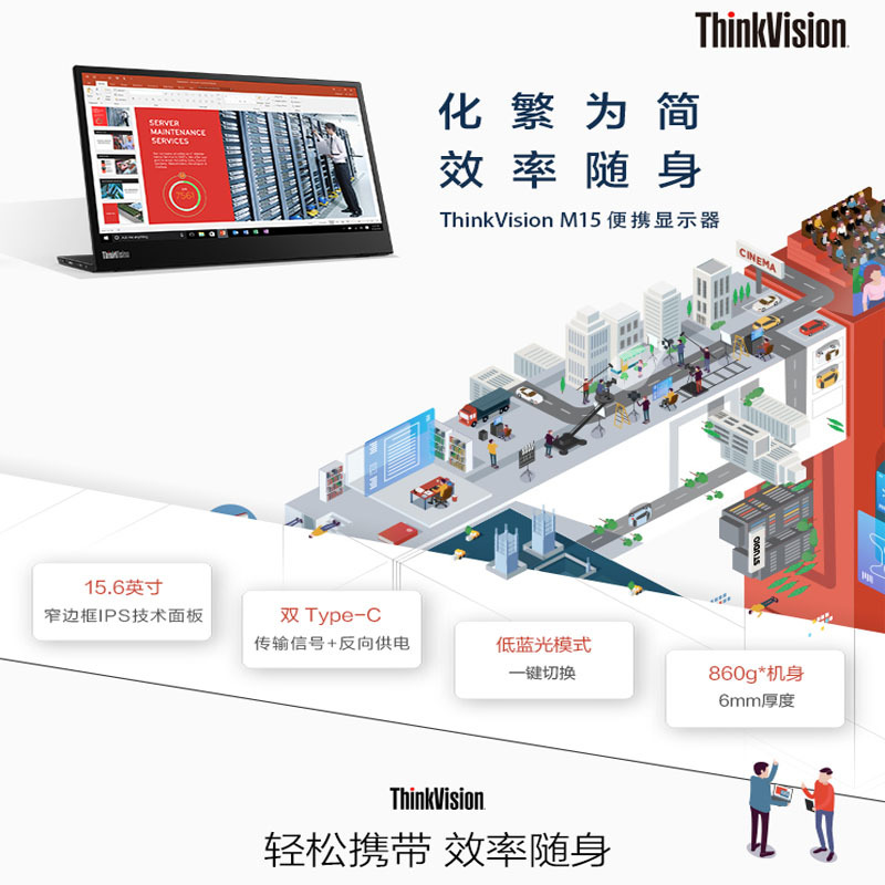 联想(ThinkVision) M15 15.6英寸 双TypeC低蓝光一体式便携显示器