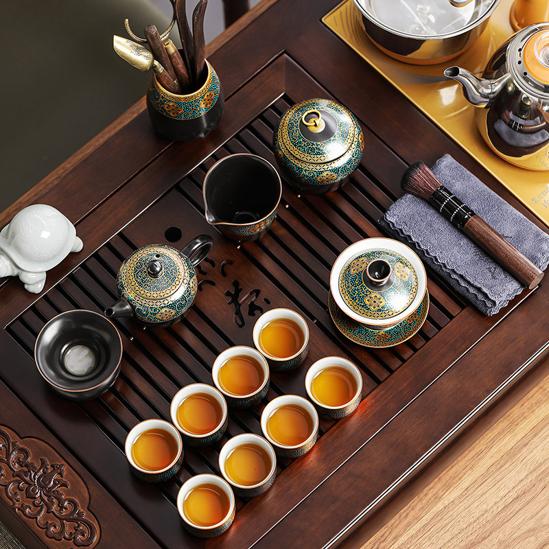 領藝 优品古韵功夫茶具套装家用办公室整套陶瓷泡茶器乌金檀木茶盘四合一