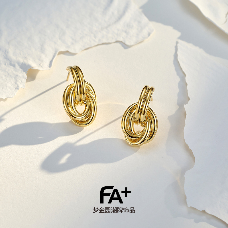 梦金园法式复古几何耳钉设计感圆环纯银耳钉设计师款小众高级感耳饰