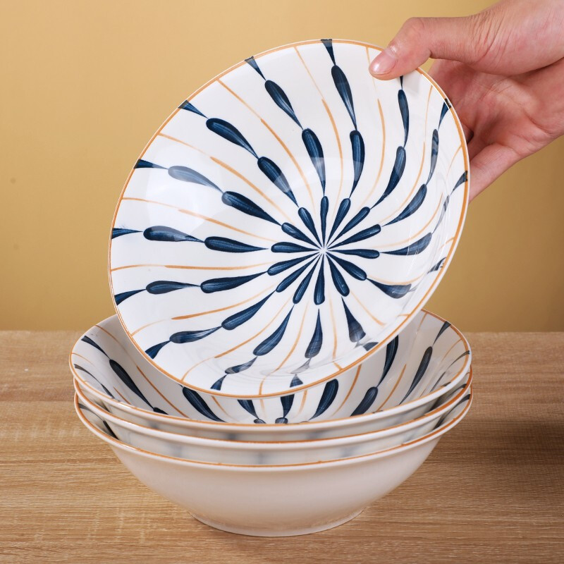 日式手绘面碗家用陶瓷大号汤碗面碗个性斗笠碗拉面碗泡面碗蓝之韵雨滴