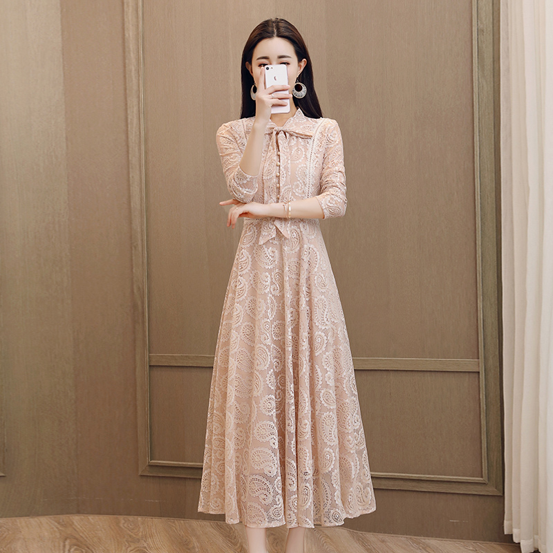 女士秋季纯色优雅时尚气质韩版甜美修身显瘦连衣裙中长款淑女