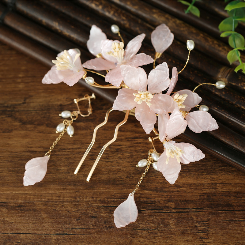 粉色大发梳耳夹汉服发饰古风发梳插梳发簪子超仙女发钗珠花头花珍珠排